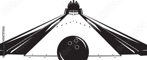 Black bowling ball, vector bowling pin, lane illustration, sports graphics