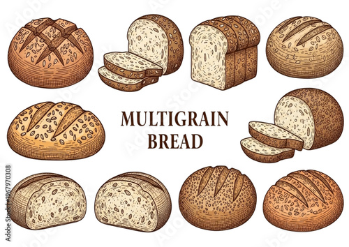 Artisan Multigrain Bread Collection Hand-Drawn Assortment of Healthy Bakery Loaves and Slices