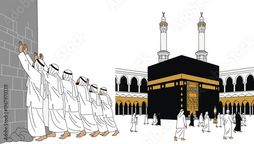 Hajj Pilgrimage Vector Illustration Set Featuring Kaaba Tawaf and Muslims Performing Rituals at Mecca Islamic Religious Journey Concept