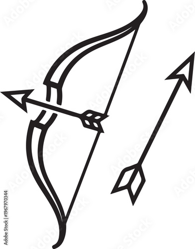 Vector bow and arrow icon, black line drawing, archery symbol, hunting illustration