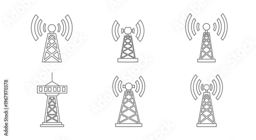 Fotografija Line art illustration of six communication towers with varying designs