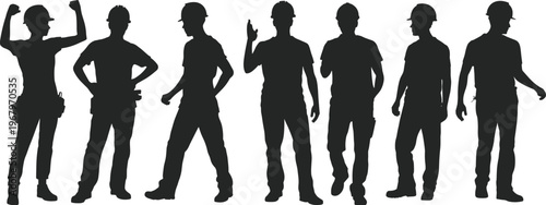 Silhouette group of construction workers in various poses showing teamwork strength and labor activity isolated vector illustration for industry concept
