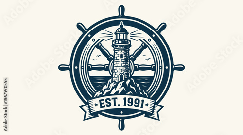 Nautical emblem featuring a lighthouse, ship wheel, and banner, established in 1991.