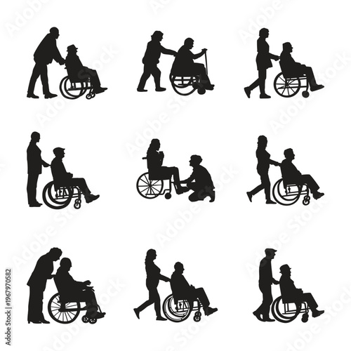 Silhouettes of caregivers assisting individuals in wheelchairs, depicting support and mobility for disabled persons