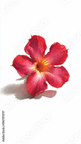 Vibrant Red Desert Rose Flower With Yellow Center And Gray Shadow on White Background Studio Lighting