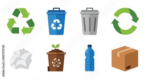 Waste sorting icons including recycling bins crumpled paper plastic bottle and brown compost bin.