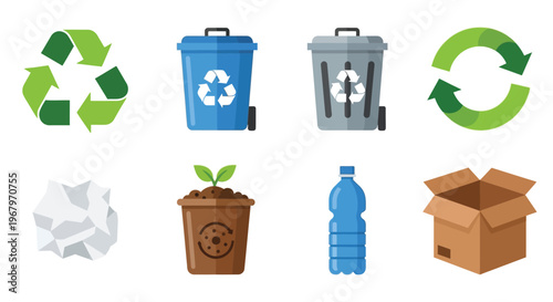 Recycle icons set with green symbol blue and grey trash bins paper plastic bottle and cardboard box.