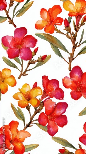 Vibrant Watercolor Floral Pattern with Red Orange Yellow Oleander Blossoms and Green Leaves