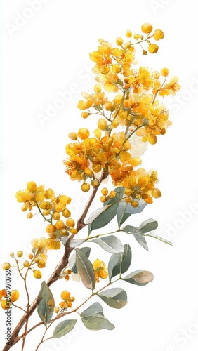 Vibrant Yellow Blossom Branch with Green Leaves Against a Clean White Background