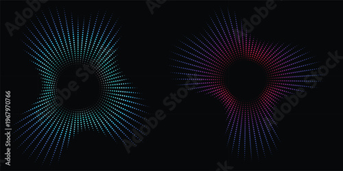 Sound wave, circular equalizer icons, round music soundwave shape, concentric energy burst. Vector illustration.