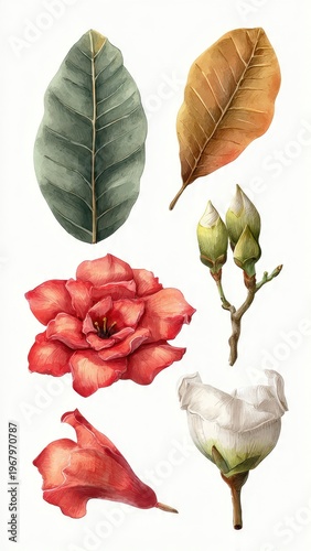 Watercolor Botanical Illustration of Red Flowers Green and Brown Leaves and Buds