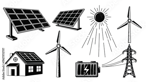 Renewable energy concept icons in woodcut style featuring solar panels wind turbines and power lines.