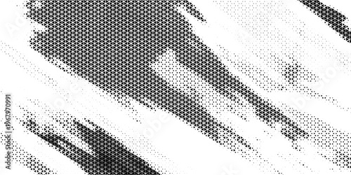 Fading triangle halftone texture gradient pattern. Abstract diagonal geometric background. Tech mosaic triangular halfton gradation. Vector vanishing corner arrow wallpaper for banner, booklet, poster