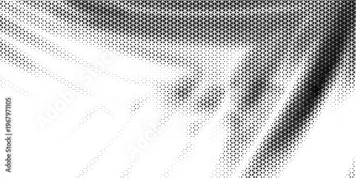Fading triangle halftone texture gradient pattern. Abstract diagonal geometric background. Tech mosaic triangular halfton gradation. Vector vanishing corner arrow wallpaper for banner, booklet, poster