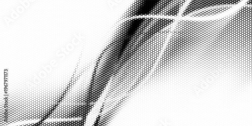 Fading triangle halftone texture gradient pattern. Abstract diagonal geometric background. Tech mosaic triangular halfton gradation. Vector vanishing corner arrow wallpaper for banner, booklet, poster