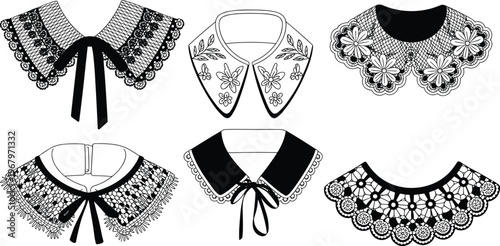 Vintage Lace Detachable Collar Vector Collection Featuring Elegant Floral Embroidery Peter Pan Necklines Crochet Fashion Accessories and Decorative Apparel Design Elements