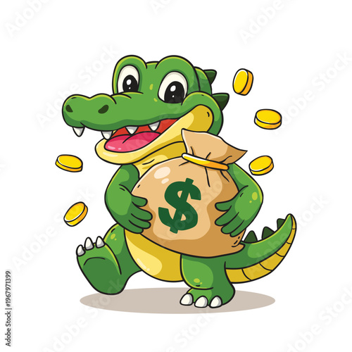 Cute Green Reptile Mascot with Financial Riches Vector Artwork Illustration
