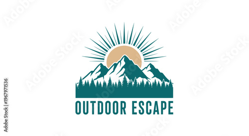 Outdoor Escape Logo - Majestic Mountains, Radiant Sun, and Forest Silhouette.