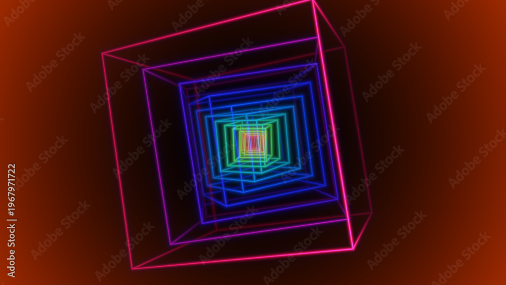 Fototapeta premium Abstract Neon Wireframe Cubes Create a Hypnotic Tunnel on a Graded Orange Background