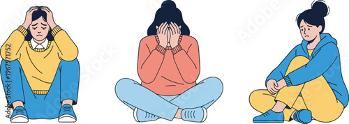 Flat vector illustration of a sad depressed woman sitting on floor holding head in hands crying feeling lonely stressed anxious frustrated and hopeless cad drawing