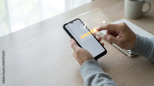Customer providing five star rating on mobile phone screen for business service feedback