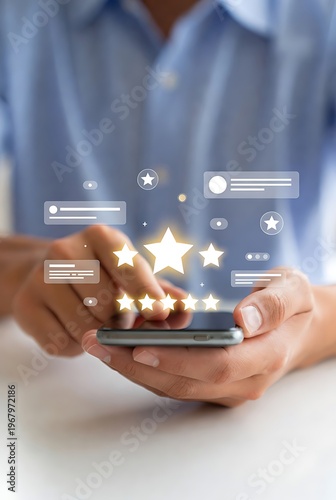 Hands holding mobile phone with various star rating levels and text message bubbles above