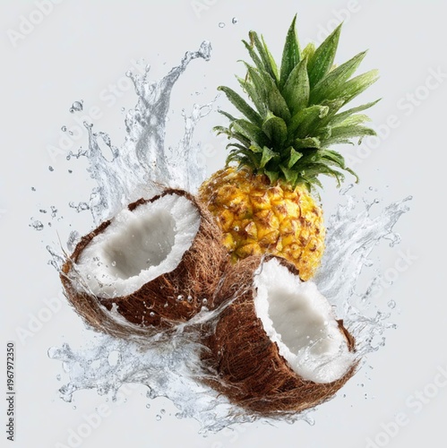 minimalistic image of coconut and pineapple in splash, white background, studio photo