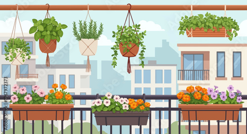 Potted plants hanging from a rod.