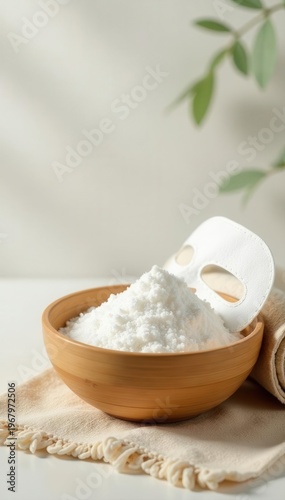 Bamboo basket, bath salts, sheet mask, beige towel, white background, relaxation, beige, marketing