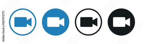 Video camera icon set, streaming and video call symbol collection with video recording sign, camcorder icon, movie sign, and digital communication graphics, isolated vector illustration.