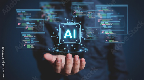 Artificial intelligence chip icon floating over palm of person with code background