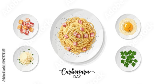 Illustration of a plate of spaghetti carbonara with ingredients around it, celebrating carbonara day with a creative design