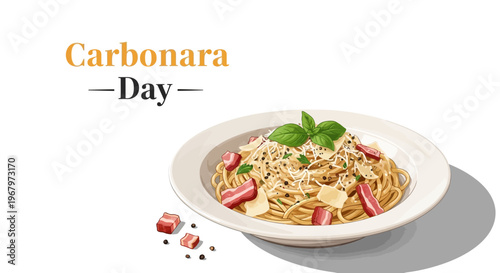 Illustration of a plate of spaghetti carbonara dish with bacon and cheese on National Carbonara Day against a clean white background.