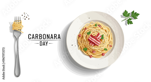 Flat lay of spaghetti carbonara dish on a plate with fork and parsley on a white background, celebrating National Carbonara Day with a delicious pasta meal concept.
