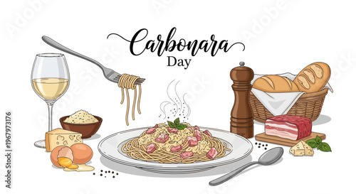 Illustration of a plate of spaghetti carbonara with bacon, cheese, and wine, celebrating National Carbonara Day with a rustic bread basket and wine glass on a clean white background.