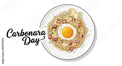 Illustration of a spaghetti carbonara dish on a plate with egg and bacon on Carbonara Day against a clean white background.