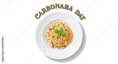 Illustration of a plate of spaghetti carbonara dish with bacon and cheese on a white background, celebrating Carbonara Day in a classic Italian food concept with creamy pasta.