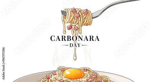 Illustration of spaghetti carbonara dish with egg and bacon on a plate, celebrating National Carbonara Day with a fork, against a clean white background.