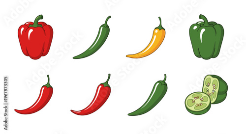 Colorful illustrations of various pepper varieties and cucumbers