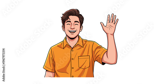 Friendly young man in an orange shirt waving hello with a big smile
