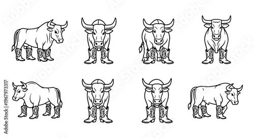 Collection of cartoon bulls wearing cowboy boots in various poses