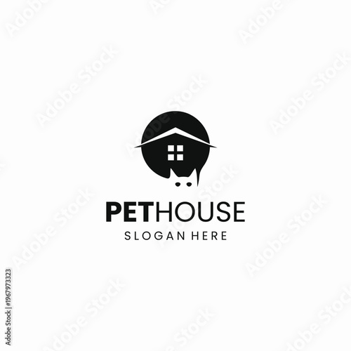 Pet House Logo Design with Cat and Home Silhouette.