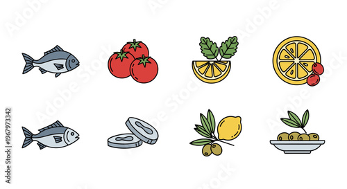Collection of fresh ingredients for healthy Mediterranean cuisine, illustrated in a simple style