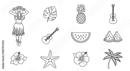 Hawaiian icons set with hula dancer, pineapple, guitar, and tropical elements