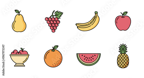 Collection of colorful fruit icons arranged in a grid on a white background