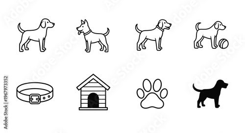 Collection of simple dog icons and related pet care symbols