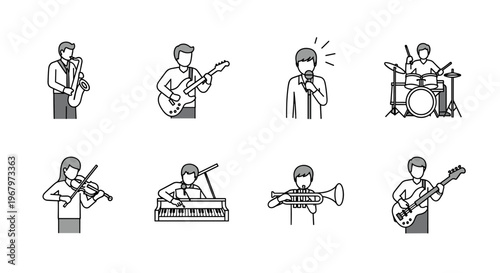 Collection of musicians playing various instruments in a simple line art style