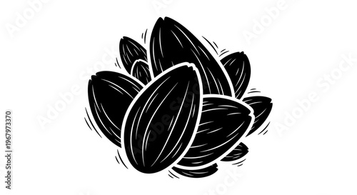 Stylized black and white illustration of a pile of sunflower seeds
