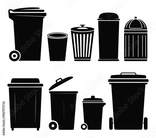 Black Trash Can Vector Illustration Set