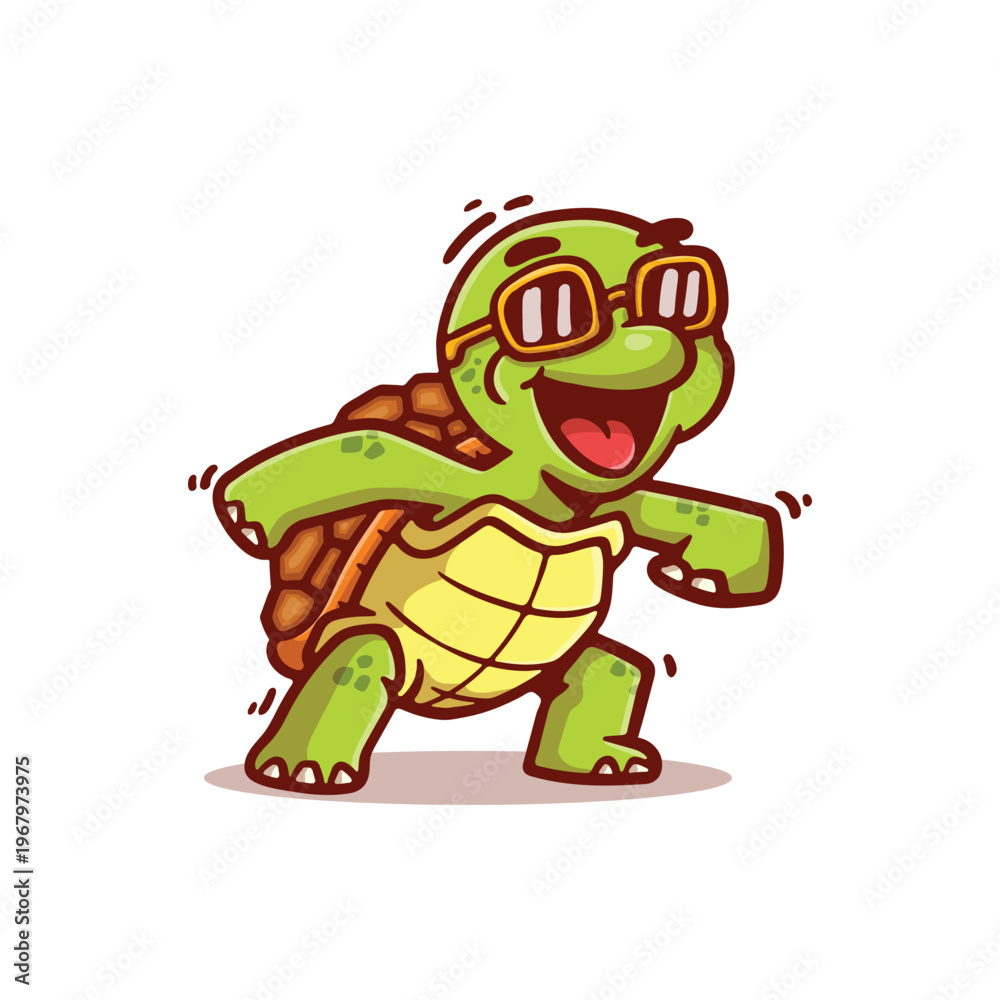 Obraz premium Funny cartoon turtle wearing sunglasses, happily dancing and enjoying life